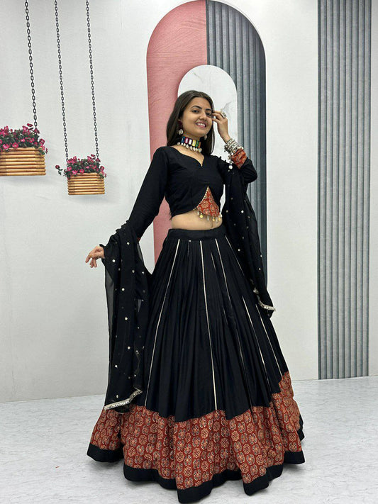 Pure Cotton With Ajarakh Print And Ribbon Work & Canvas Patta Lehenga Choli
