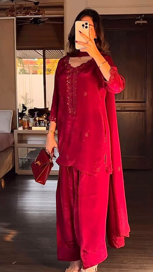 PURE CHINON SILK WITH HEAVY MICRO COTTON AND BEAUTIFUL EMBROIDERY SEQUENCE WORK FARSI SALWAR KURTI