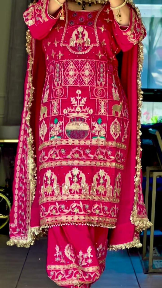 Natural Crepe With Embroidery Sequence Work And Fancy Lees Dupatta Type Dhoti Salwar Suit