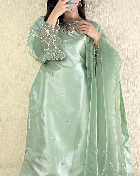 MOSS SATIN AND ORGANZA IN SLEEV BELT & EMBROIDERY WITH BEADS AND SEQUENCE WORK DRESS