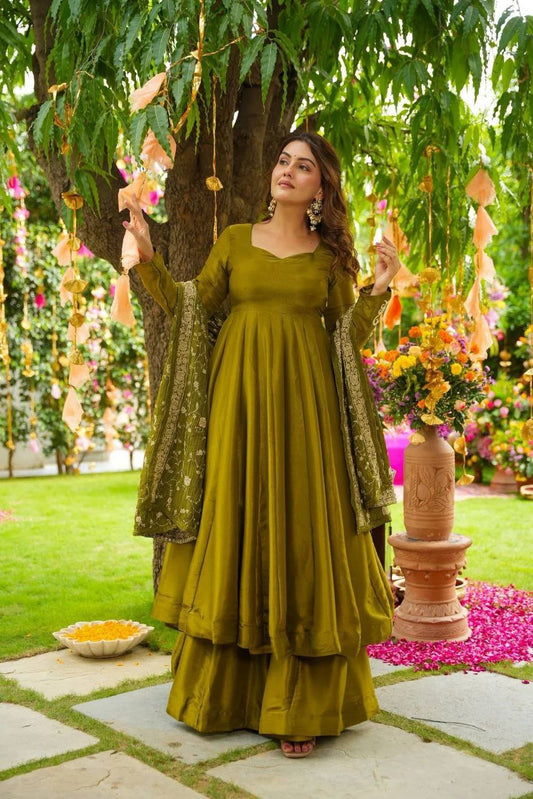 German Chiffon And Heavy Embroidery Sequence Work With Fully Flair Palazzo Gown