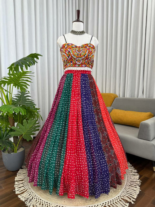 Faux Georgette With Gamthi Work With Real Mirror & 4 Meter Flair Lehenga Choli