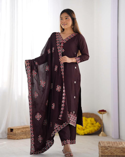 Heavy Pure Chinon Silk With Embroidery Sequence Work and Heavy Lace Work Top & Bottom Kurti