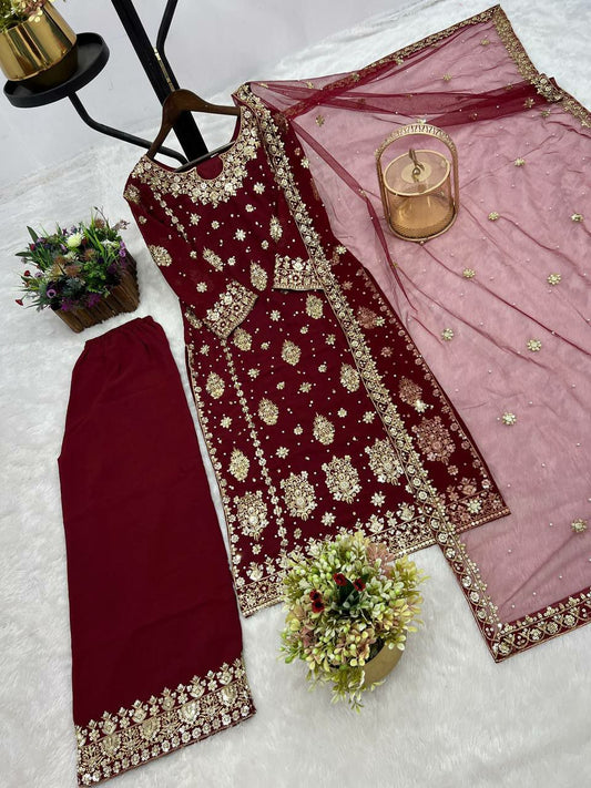 HEAVY FAUX GEORGETTE AND BEAUTIFUL EMBROIDERY SEQUENCE WORK WITH LACE BORDER PALAZZO KURTI