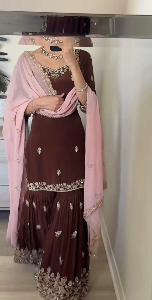 Heavy Faux Georgette With Embroidery Sequence Work With Fully Flair And Lace Border Sharara Palazzo Dress
