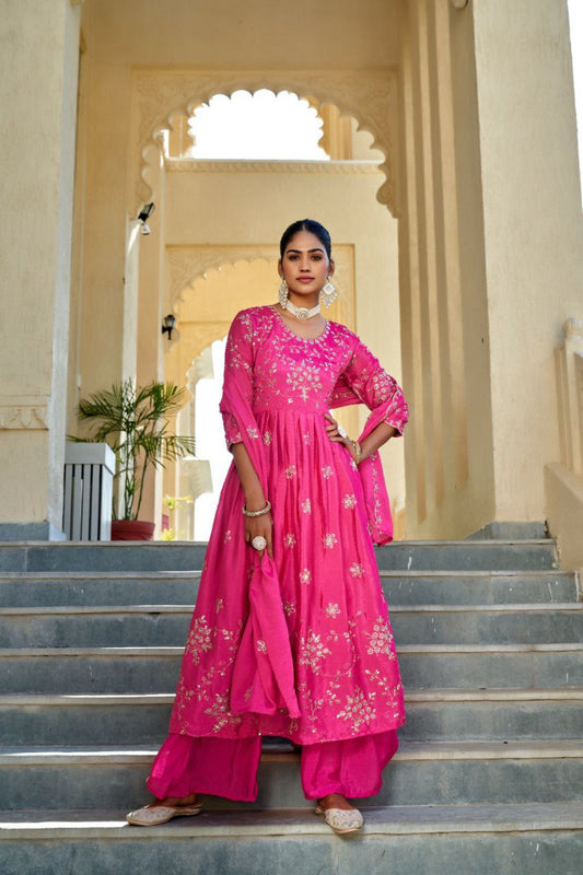 CHINON SILK EMBROIDERED AND SEQUINS WORK SHARARA ETHNIC SET  WITH DUPATTA