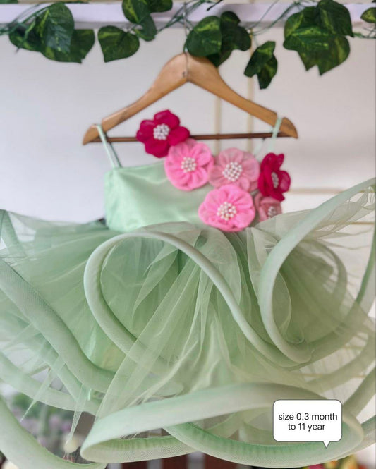 HEVY NET FULL FLAIR WITH ATTACHED BORING PATTI AND BEAUTIFUL FLOWERS WITH BEADS WORK FROCK