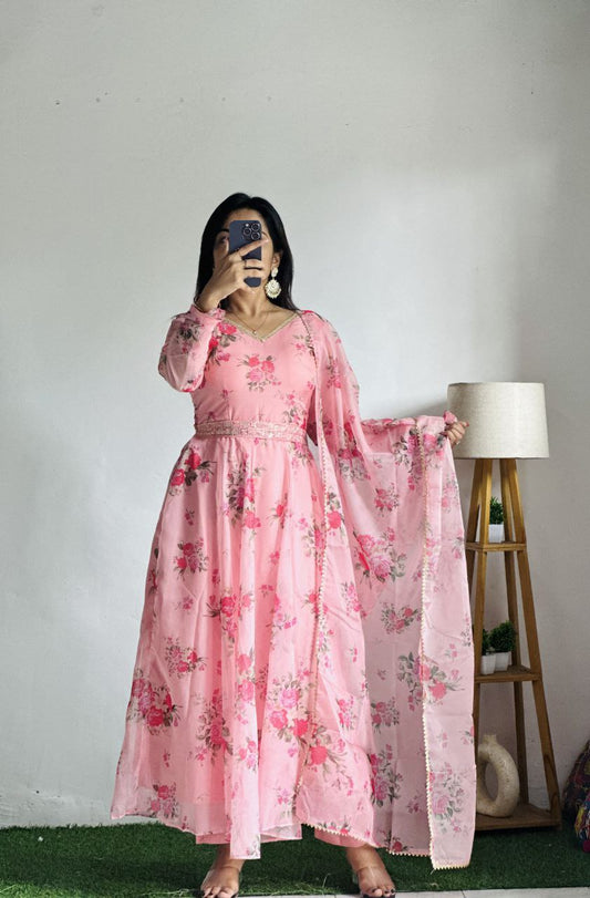 PURE SOFT ORGANJA SILK FABRIC FULLY FLAIR KALI PATTERN AND CANVAS PATTA WITH DUPPTA SET ,PENT READY TO WEAR