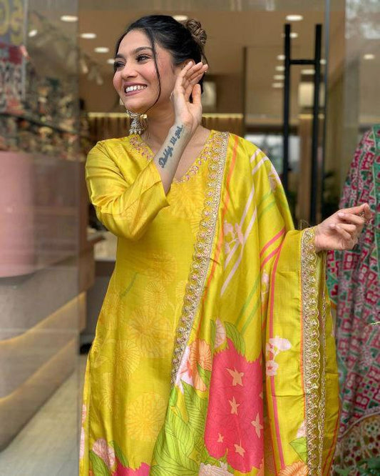 PURE NATURAL CRAPE WITH SEQUENCE CODING EMBROIDERY WORK YELLOW KURTI