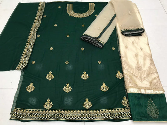 Heavy Georgatte &amp; Multi Embroidery Work &amp; Stone Work Green Kurti Set