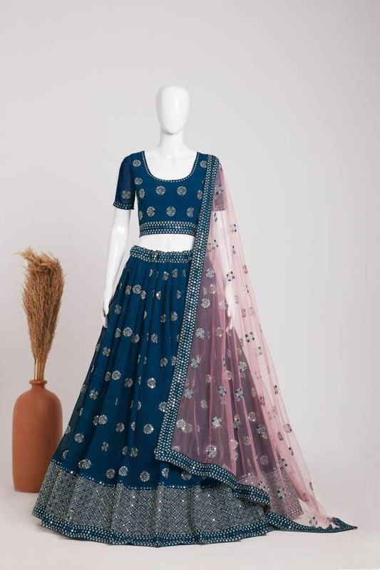 HEAVY GEORGEETE PINK AND BLUE LEGENGA CHOLI