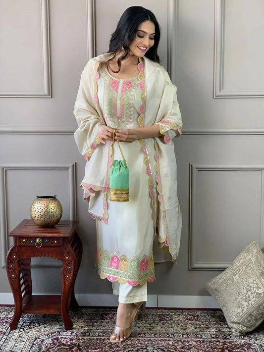 VISCOSE CHANDERI WITH SEQUENCE CODING EMBROIDERY WORK KURTI SET