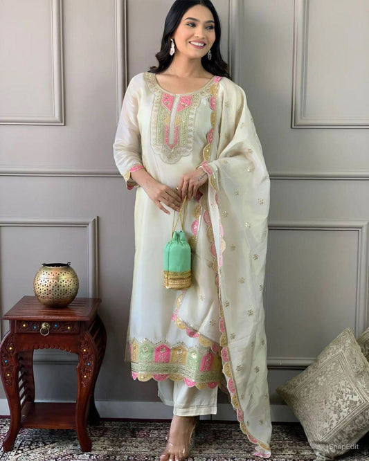 VISCOSE CHANDERI WITH SEQUENCE CODING EMBROIDERY WORK KURTI SET