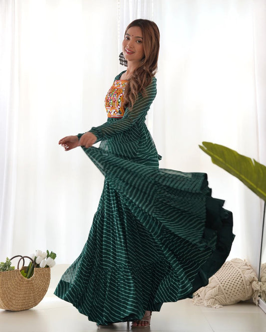 PURE SOFT FOX GEORGETTE LAHERIYA PRINT FABRIC FULLY FLAIR ANARKALI FULLY STTICHED GOWN READY TO WEAR
