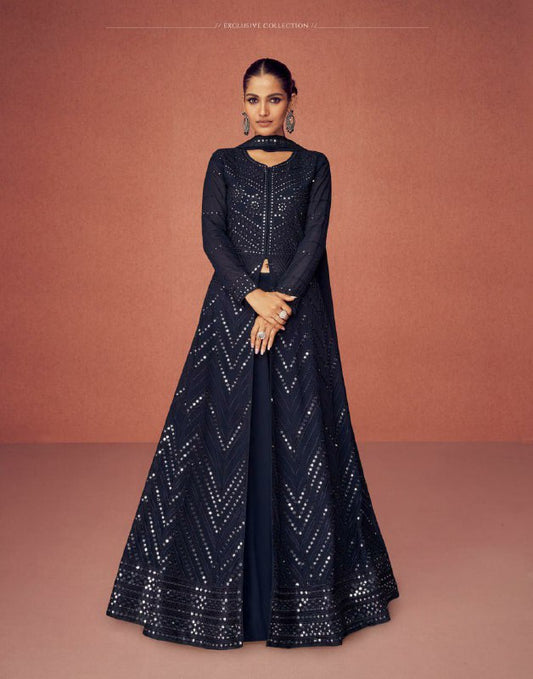Real Georgette With Embroidery Work &amp; Siqunce Work Top And Bottom Set