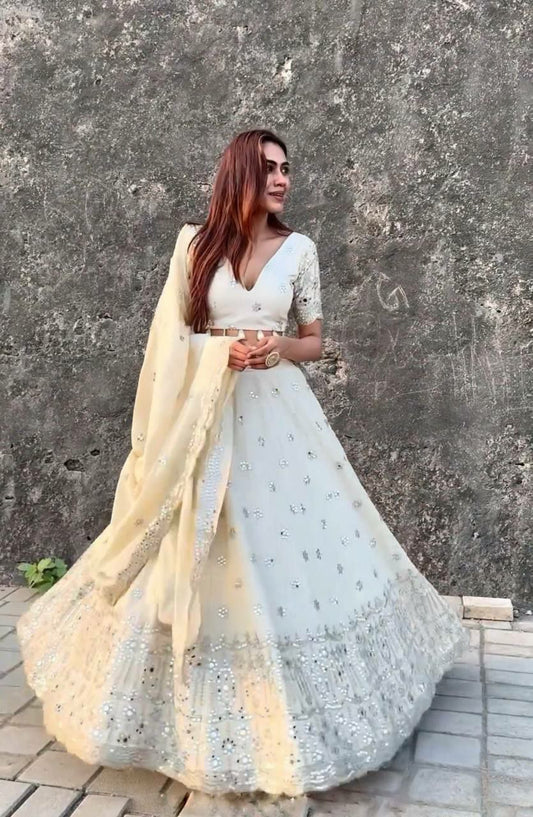 Heavy Faux Georgette With Heavy Embroidery 9mm Sequence Work White Choli