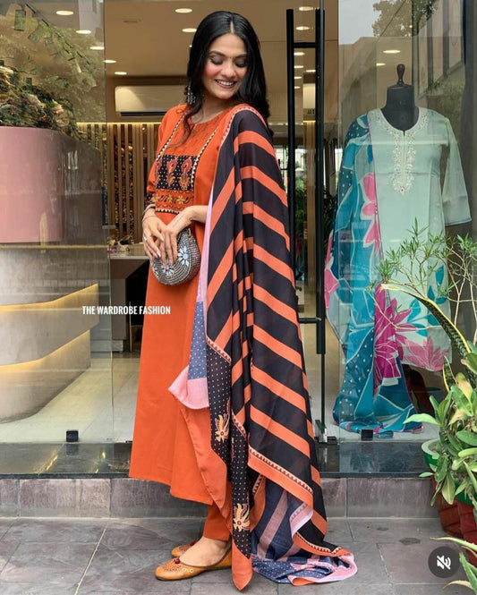 Orange Color Kurti Suit Set&nbsp; seems to be a party wear outfit made from Rayon&nbsp; fabric with Maslin&nbsp; Duptta.(3-Pair)