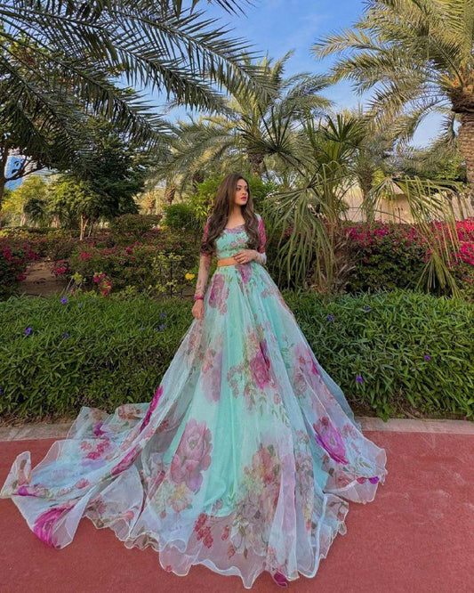 Pure organza silk floral printed lehnga