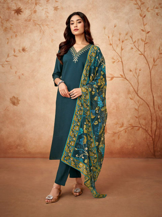 PURE ROMAN SILK WITH SEQUENCE CODING EMBROIDERY WORK AND INNER KURTI