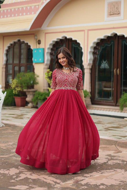 Faux Blooming with Embroidery Zari Sequins-work Gown