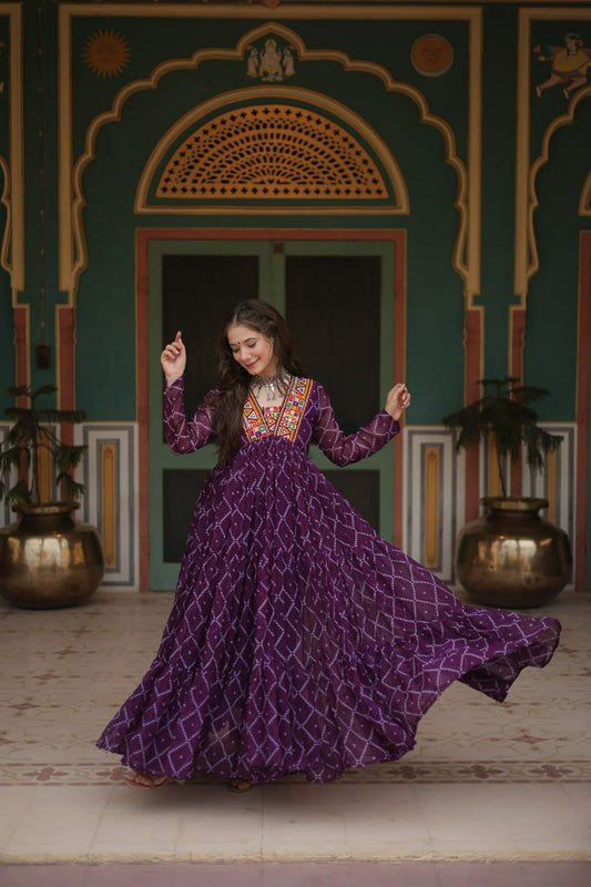 Bandhani Print work with kutchi patchework in Faux Georgette&nbsp; Gown