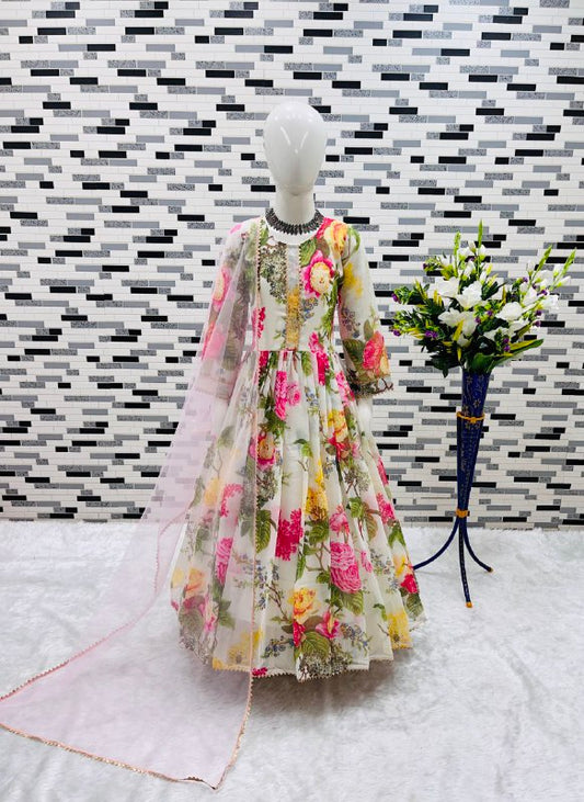 Heavy Fox Georgette With Digital Print work With Dori and Lace Gown