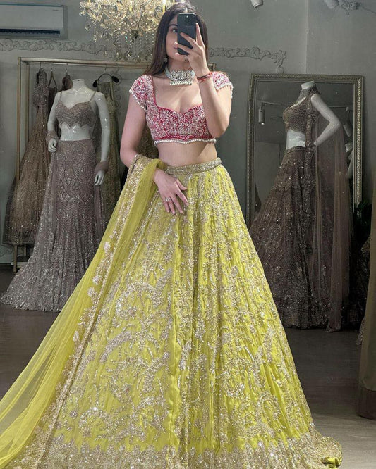 Embroidery Sequins Work With Cancan &amp; Canvas Patta Lehenga Choli