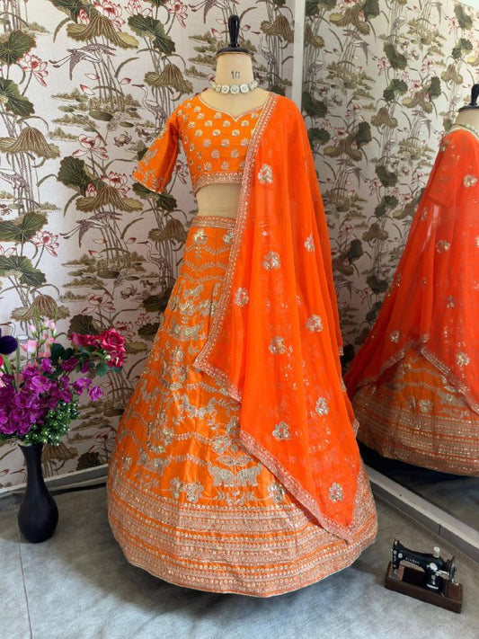 SILK WITH EMBROIDERY SEQUENCE ZARI DESIGN WORK LEHENGA CHOLI