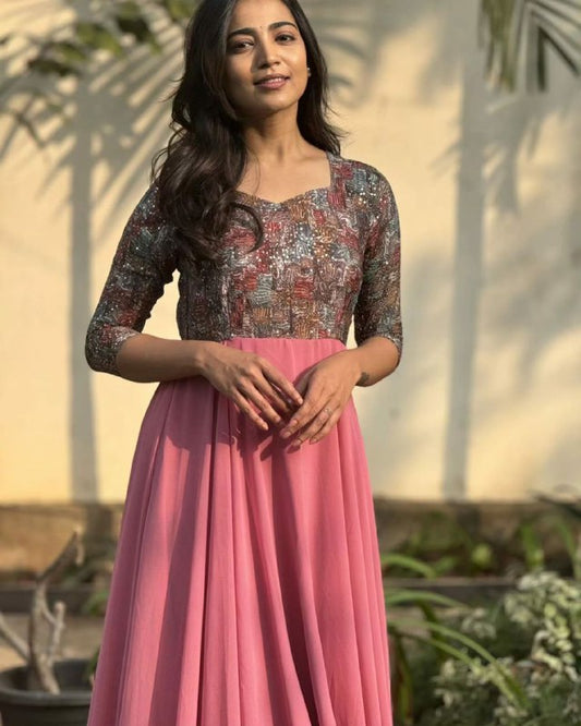 georgette with Attractive Embroidery and Print work  Gown