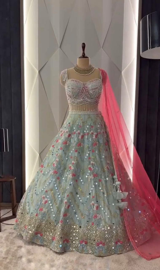 Faux Georgette Real Mirror Embroidery Sequins Work Lehenga Choli