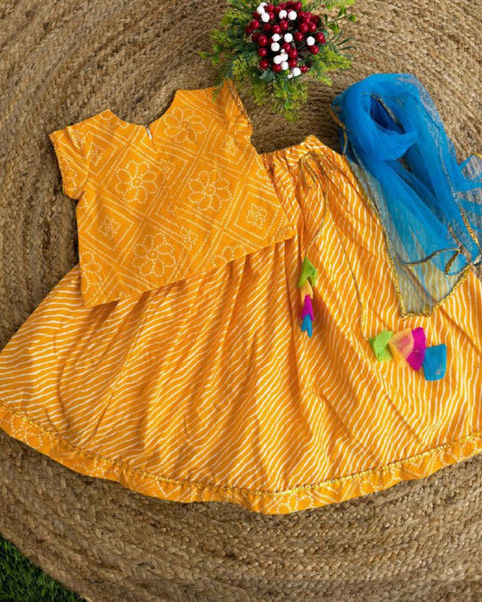 REYON PRINTED LEHERIYA WITH BANDHEJ FULL FLAIR SKIRT WITH BELT ATTACHED