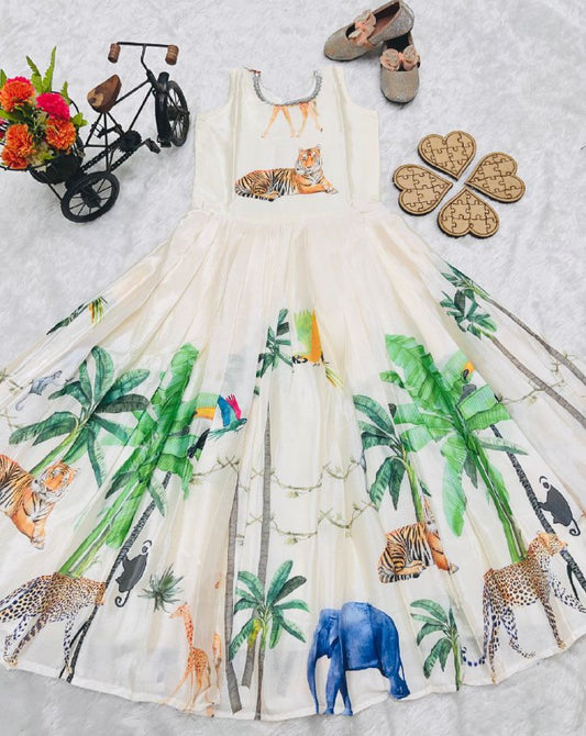 HEAVY CHINON SILK GOWN AND KOTI SET WITH DIGITAL PRINT WORK