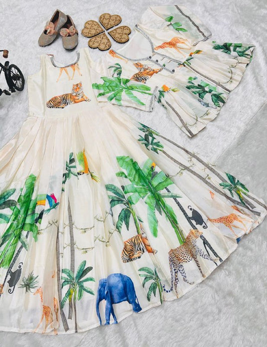 HEAVY CHINON SILK GOWN AND KOTI SET WITH DIGITAL PRINT WORK