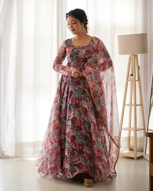 Gown Febrics Organza Taby Silk Heavy Quality Fabric With Digital Print And Handwork , Full Sleeve