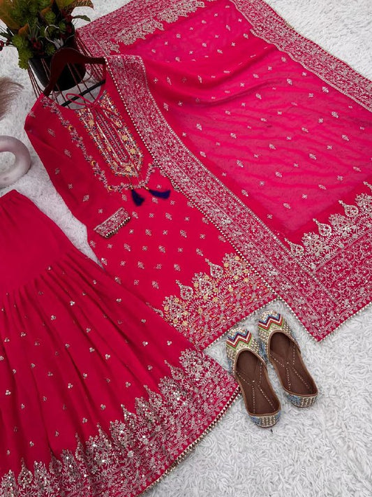 Pure Heavy Chinon Silk With Embroidery Sequence Work with Sleeve Kurti Set
