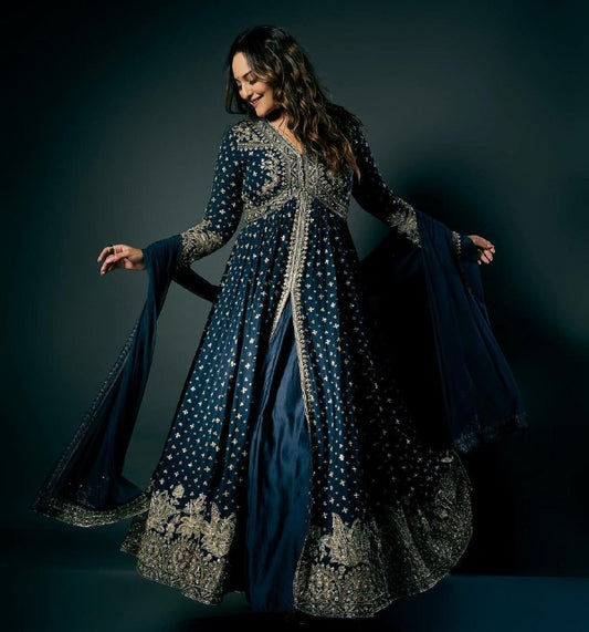 Faux Georgette With Heavy Embroidery Sequence Work With Full Embroidery Sleeve Round Kurti Set