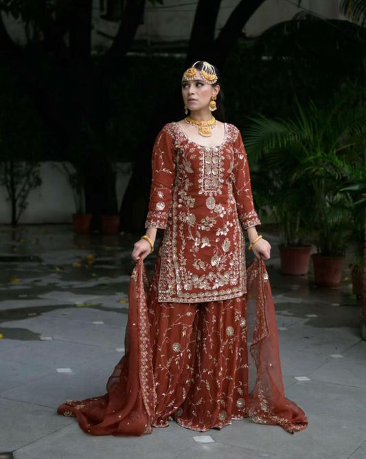 HAVY FOX GOARGATE WITH HAVY EMBROIDERY WORK SHARARA SET FOR WOMEN