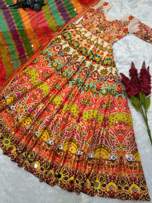 fancy digital print with Realmirror and stone hand work and stitched pad Gown