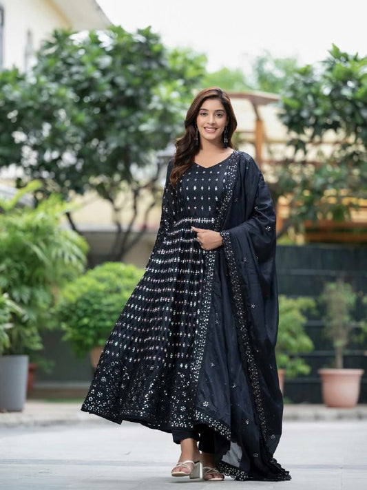 Pure Chinon Silk Material With 5mm And 9mm Sequence Embroidery Work With Fancy Full Sleeves &amp; Kali Cut Pattern Anarkali