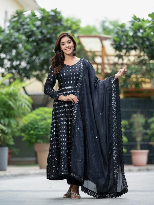 Pure Chinon Silk Material With 5mm And 9mm Sequence Embroidery Work With Fancy Full Sleeves &amp; Kali Cut Pattern Anarkali