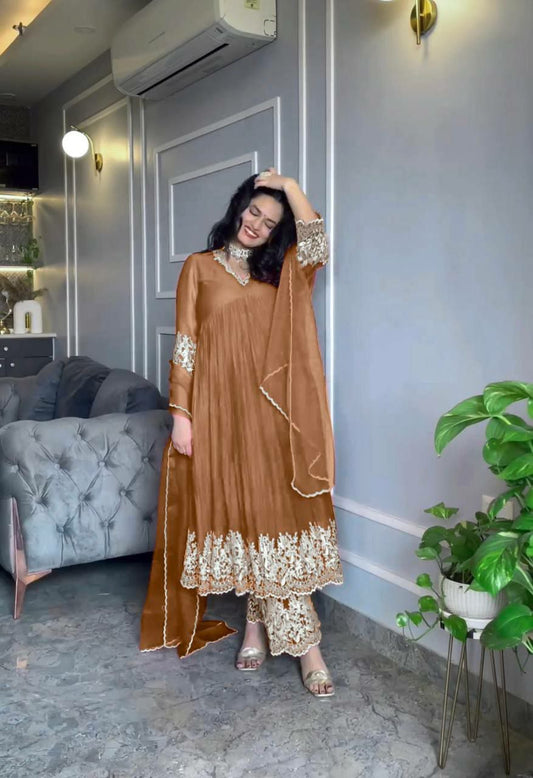 Pure Chinon Silk &amp; Crush With Embroidery Work With Fancy Full Sleeves Gown