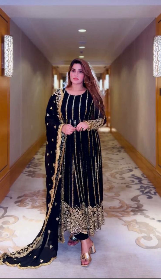 Heavy Faux Georgette With Full Heavy Embroidery Sequence Work And Attached Pad With Sleeve and Fully 3 Meter Flair in Naira Cut Style