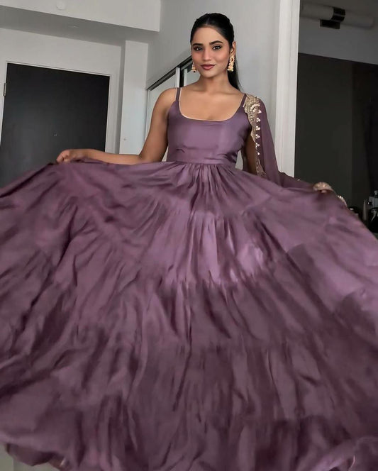 Heavy Georgette&nbsp; With attached Pad With Extra Sleeve Fabric and Fully 10 Meter Ruffle Flair Gown