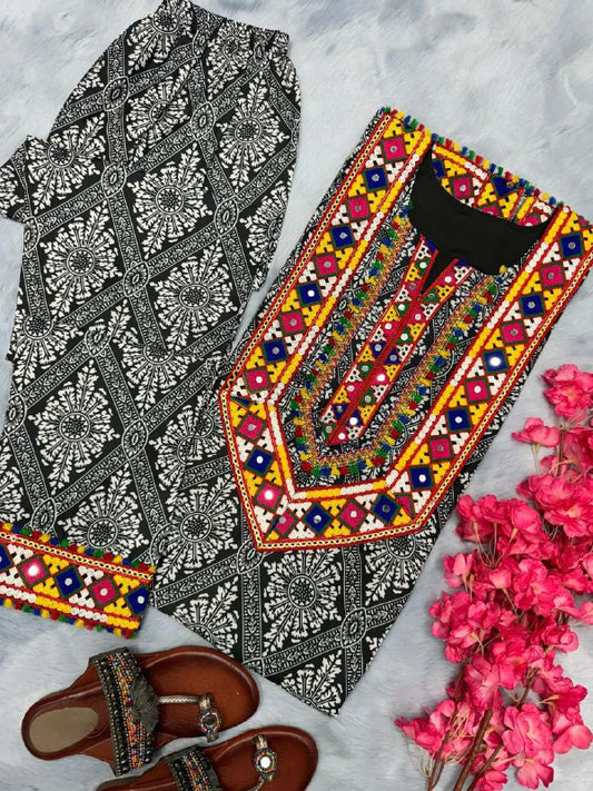 Pure Maslin Silk With Digital Print With Embroidery Work With Riyal Mirror Hand Work With Sleeves With Tam-Tam Latkan