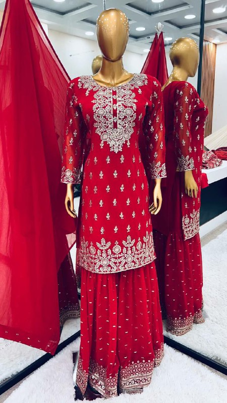heavy Faux Georgette With Embroidery Sequence Work with Sleeve and Heavy Lace Work Pink Kurti