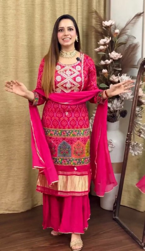 Heavy Chinnon With Heavy Embrodery Coding Sequence Work With Beautiful Digital Print Work and Heavy Patta Work with Full Sleeve Kurti Set