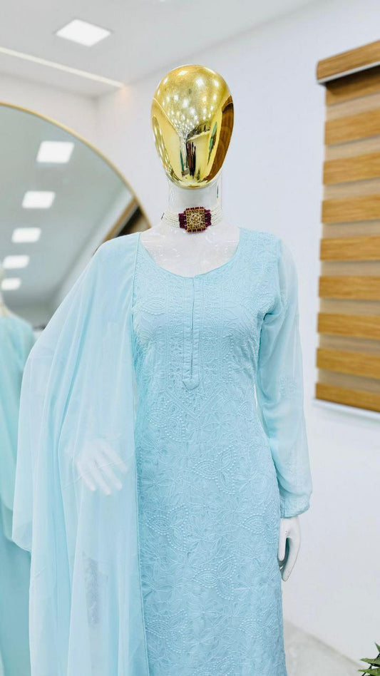 New Faux Georgette Sky Blue Embroidered Kurti For Women For Party And Function
