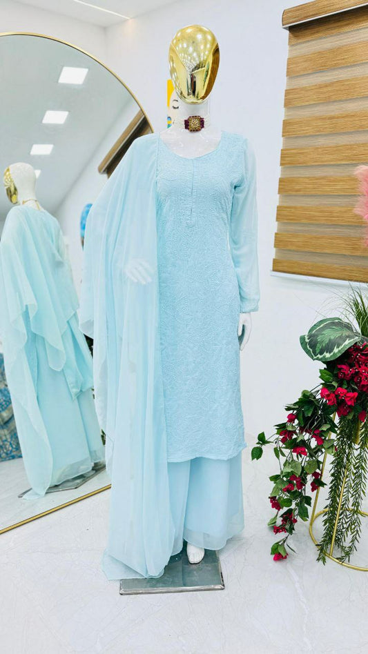 New Faux Georgette Sky Blue Embroidered Kurti For Women For Party And Function
