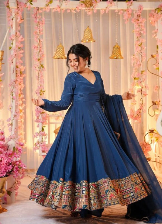 Faux Georgette With Full Heavy Embroidery Sequence Work With and Fancy Latkan Dori Full Sleeve Round Dress