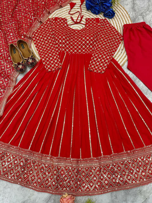 HEAVY FOX GOARGATE WITH EMBRODARY WORK WITH FULL SLEEVES AND WORK RED GOWN